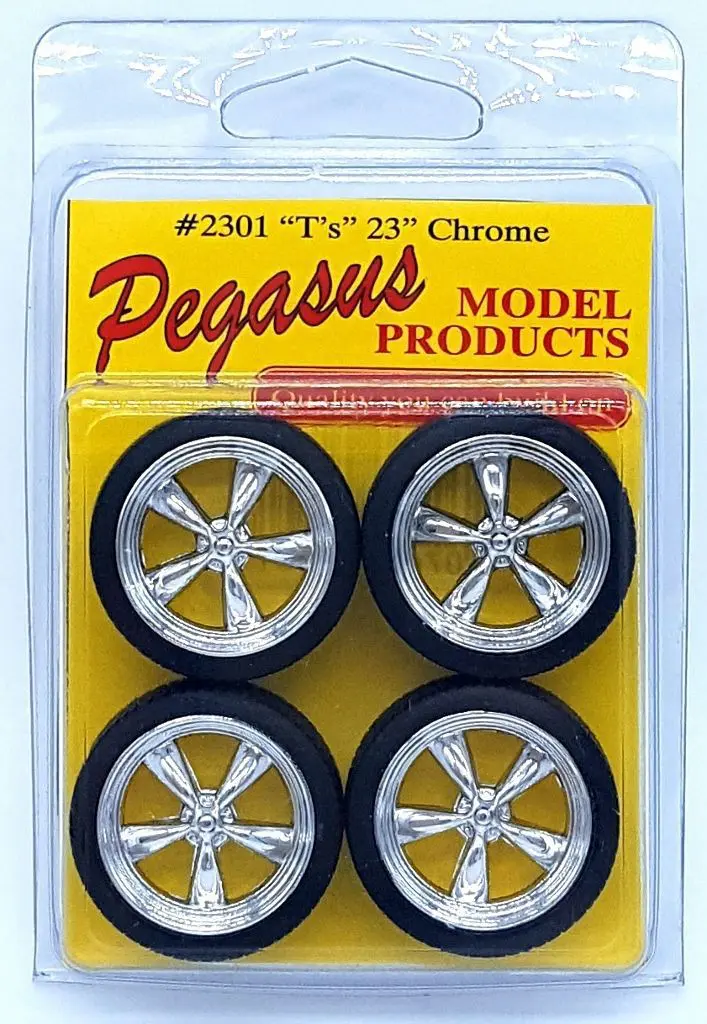 Pegasus 1/24 or 1/25 Scale "T's" (Torq Thrust II type) 23" Chrome Wheels  with Low Profile Tires Set - Spotlight Hobbies