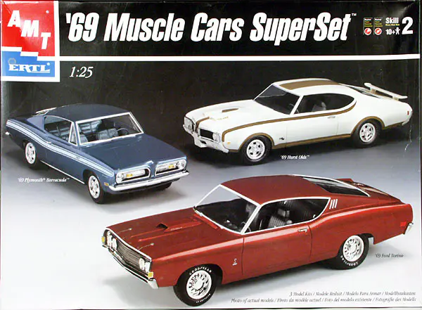 AMT 1969 Hurst Olds Cutlass 442, 1969 Ford Fairlane Cobra, 1969 Plymouth  Barracuda Fastback - 3 Car Set